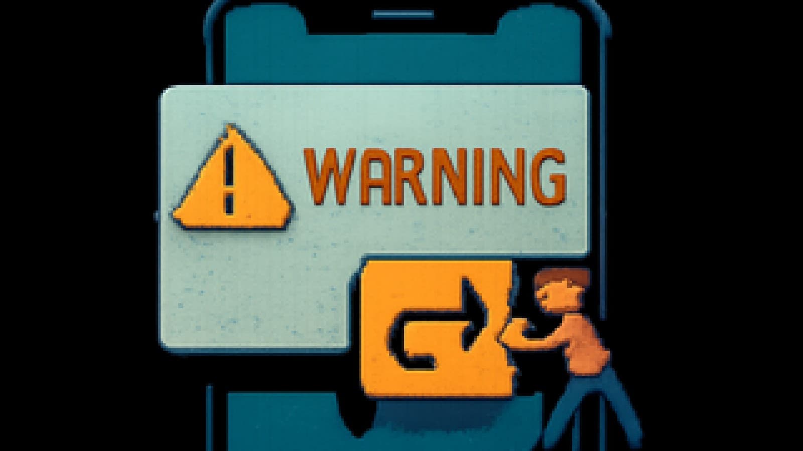 Pixel-art phone screen where a small bar with a backward arrow pushes a large warning pop-up off the screen.