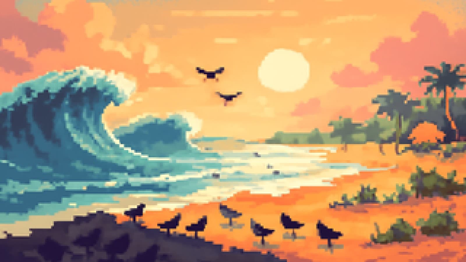 Pixel-art shorebirds gathering on a dark-sand beach with big waves while a golden beach waits across the water.