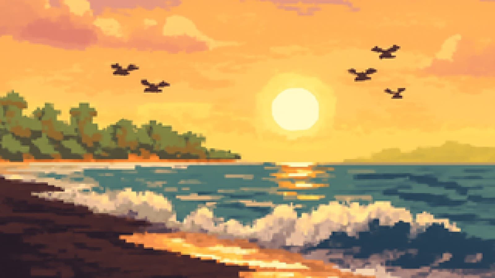 Pixel-art illustration of a dark-sand beach with big waves at sunset, with a bright tropical beach in the distance and birds flying between them.
