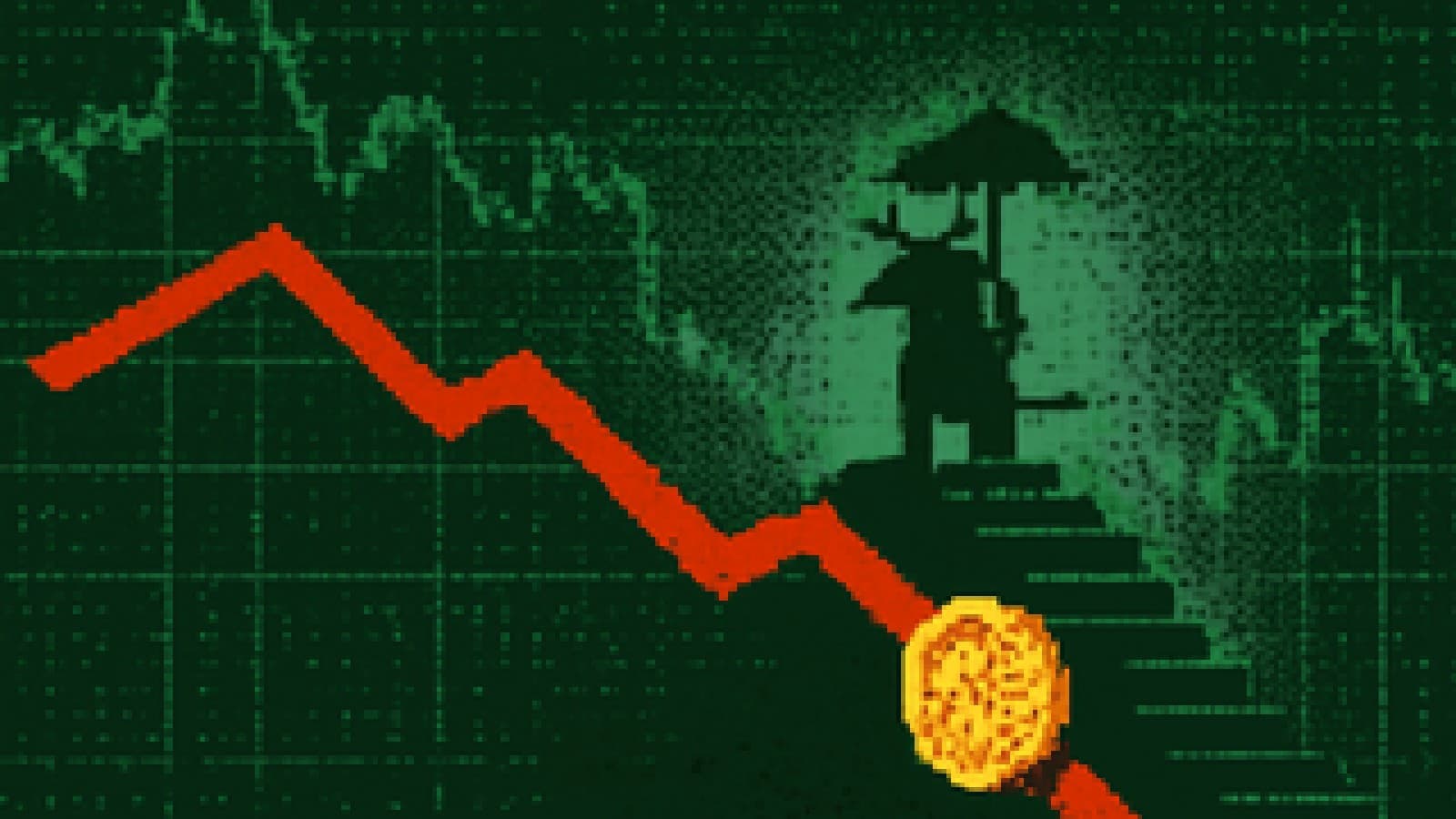 Pixel-art scene of a golden coin sliding down a red slide while a small bull watches from the top holding an umbrella.