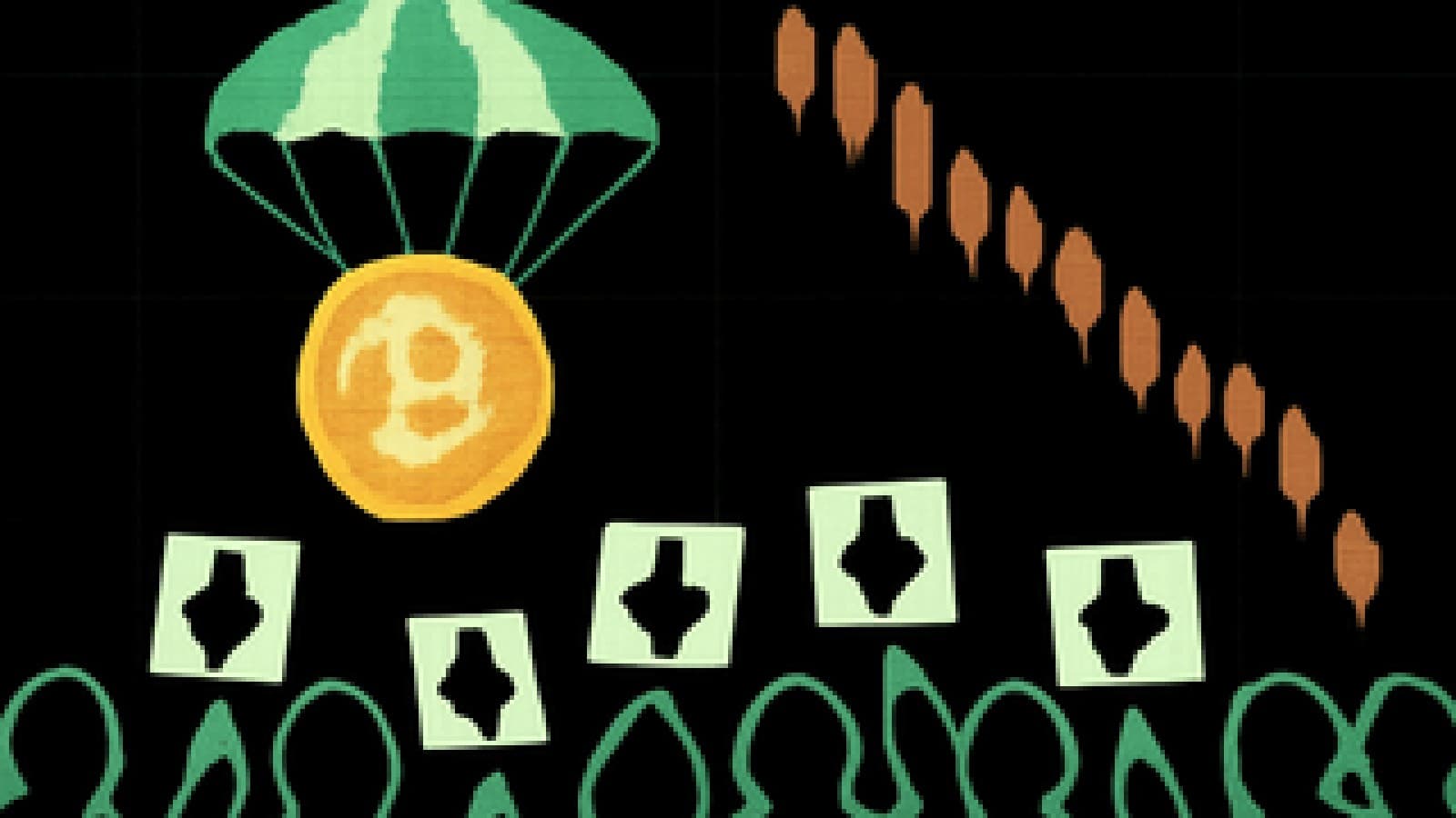 Pixel-art golden coin drifting down on a parachute beside a red candlestick chart, watched by a small crowd pointing downward.