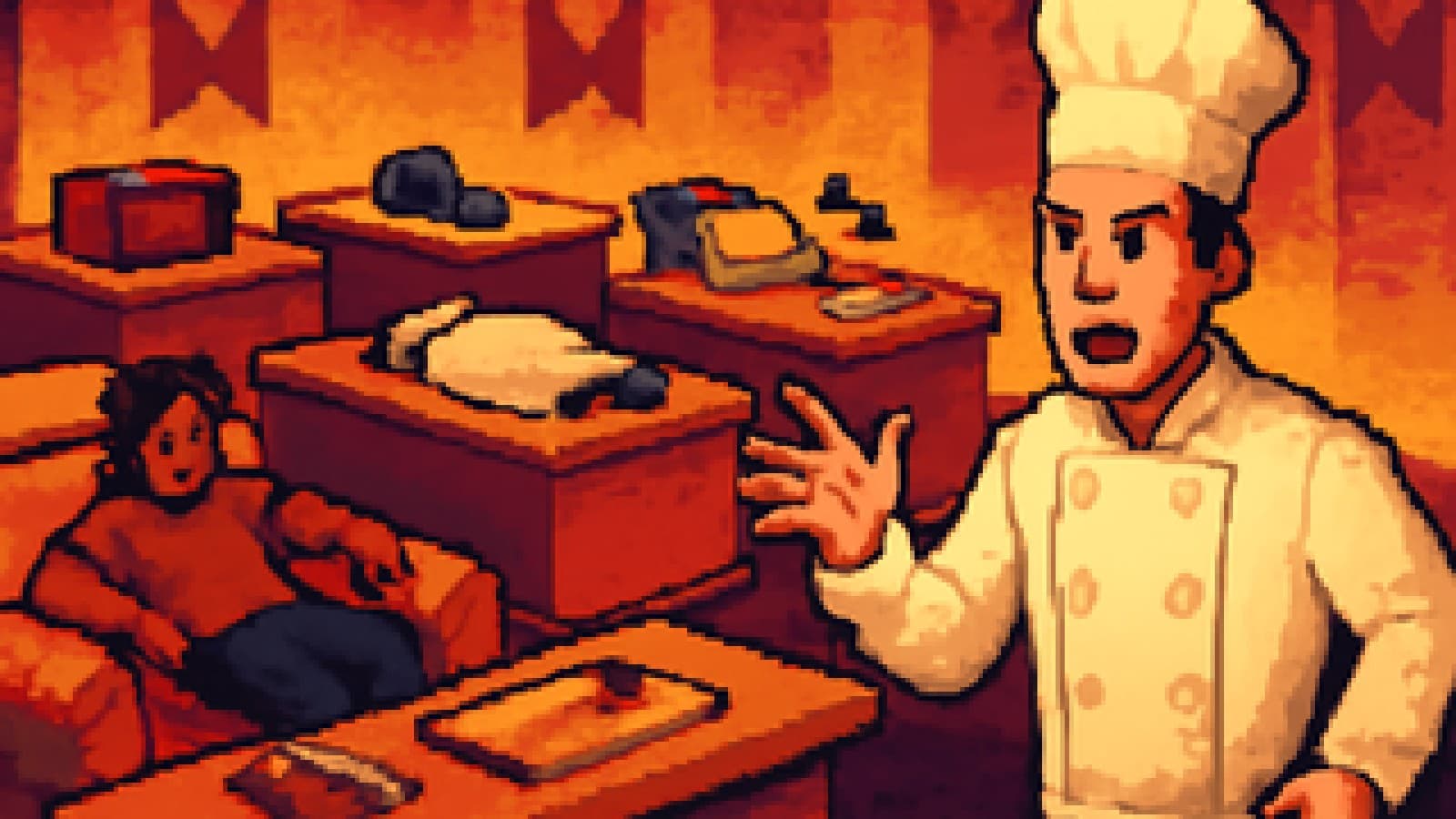 Pixel-art kitchen contest with one contestant lounging on a sofa and another asleep on the counter while other stations show travel, gaming, fitness, cooking and reading gear.