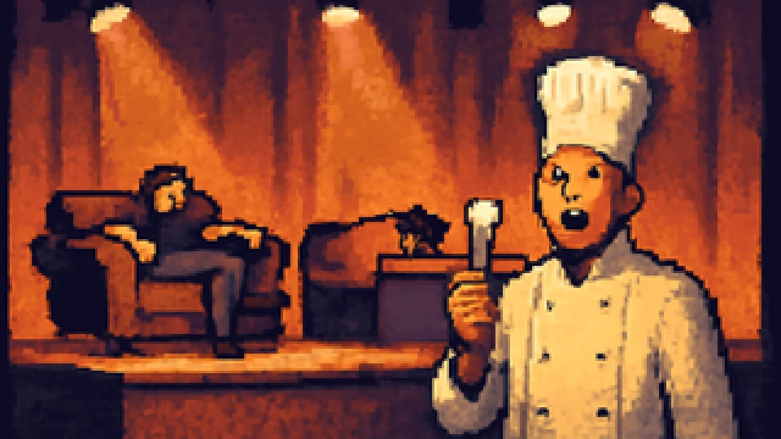 Pixel-art cooking show stage where a contestant lounges on a sofa and another sleeps while a shocked judge looks on.