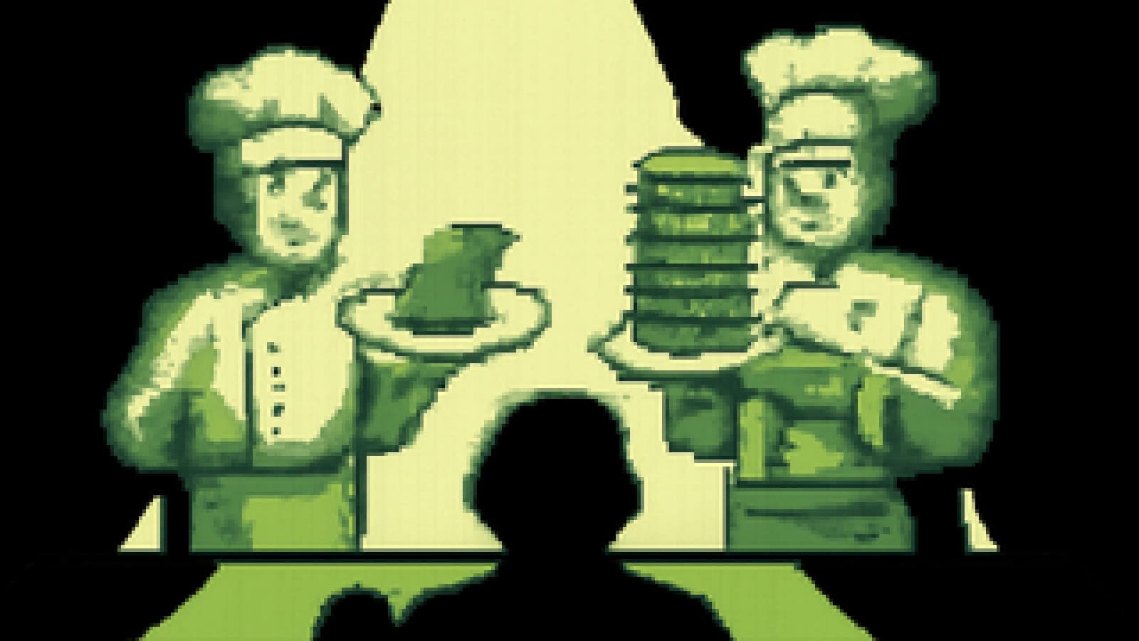 Pixel-art cook-off stage with smartphones served as gourmet dishes before a judge's table