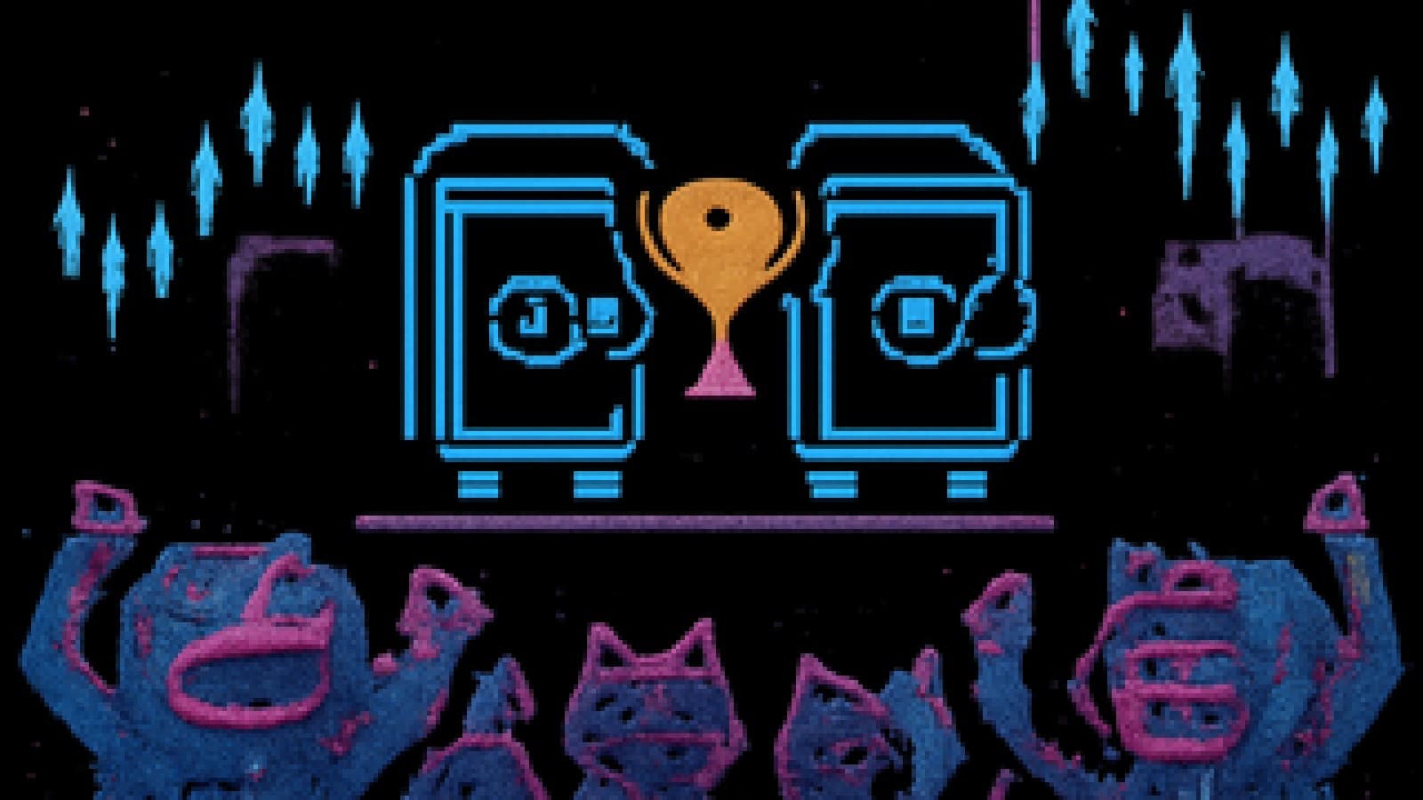 Two identical pixel-art wallets sharing a trophy on a podium while a cartoon crowd cheers
