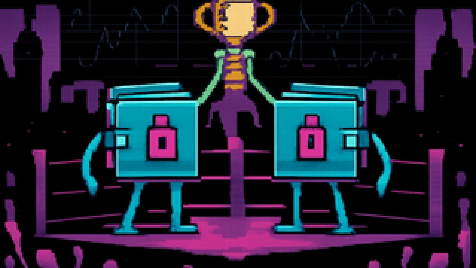 Two identical pixel-art crypto wallets sharing a trophy in a neon boxing ring