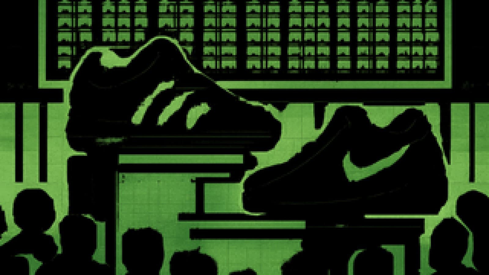 Two sneakers on a winners' podium in front of a stock ticker board, one standing higher than the other