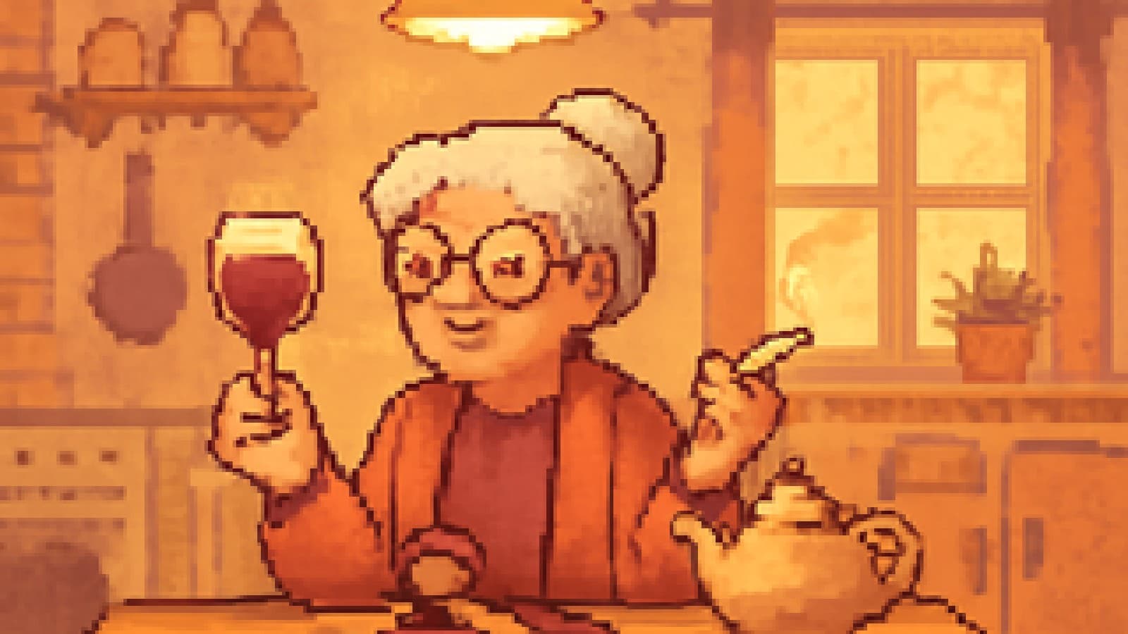 Pixel-art grandmother in a kitchen weighing a wine glass against a cigarette next to a gavel and a teapot
