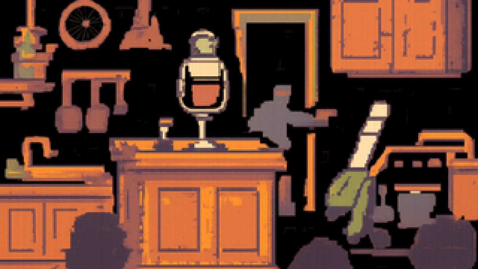 Pixel-art kitchen courtroom where a crowned wine glass sits on the bench and a cigarette is sent out to the porch