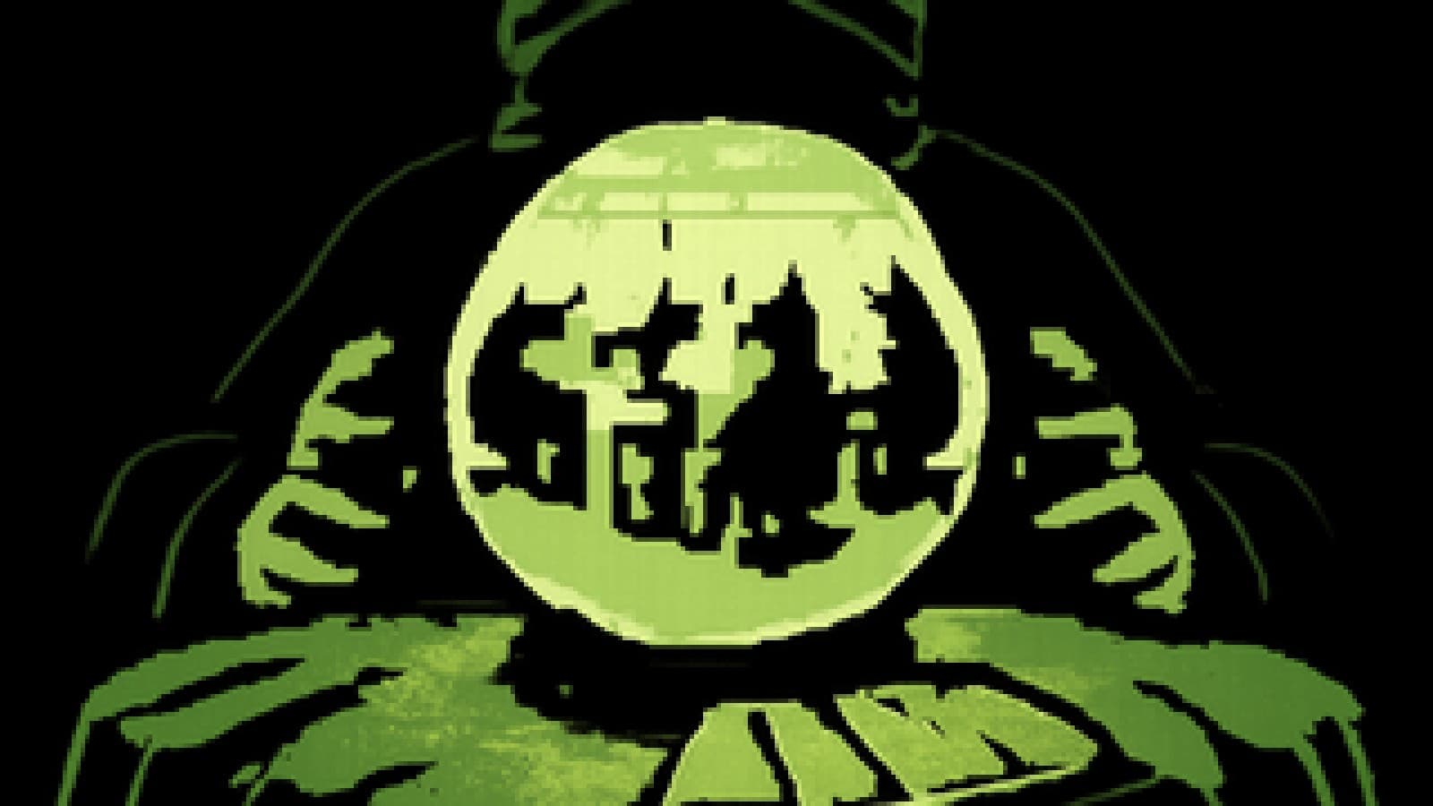 Pixel-art crystal ball revealing an office being taken over by robots, with tarot cards spread on a velvet table.