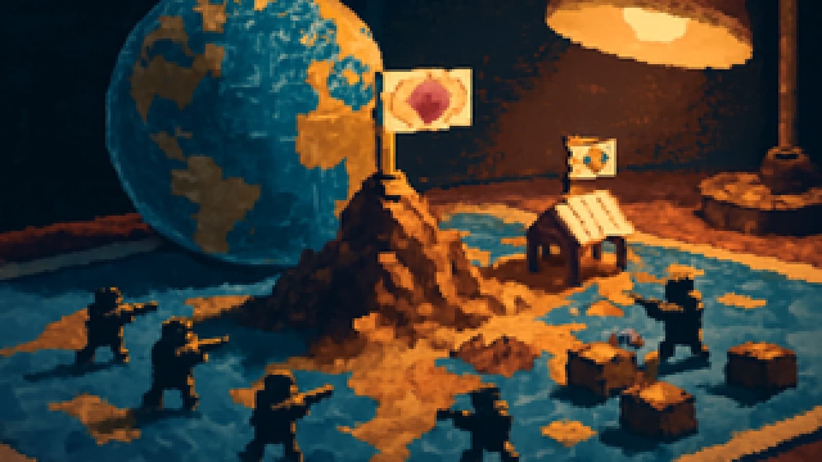 Pixel-art war map with a cherry-blossom flag on the highest peak and a snowy sauna outpost on a lower ridge.