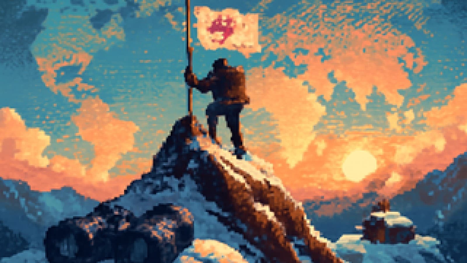 Pixel-art scene of a cherry-blossom banner on a mountaintop overlooking a snowy sauna outpost on a lower ridge.