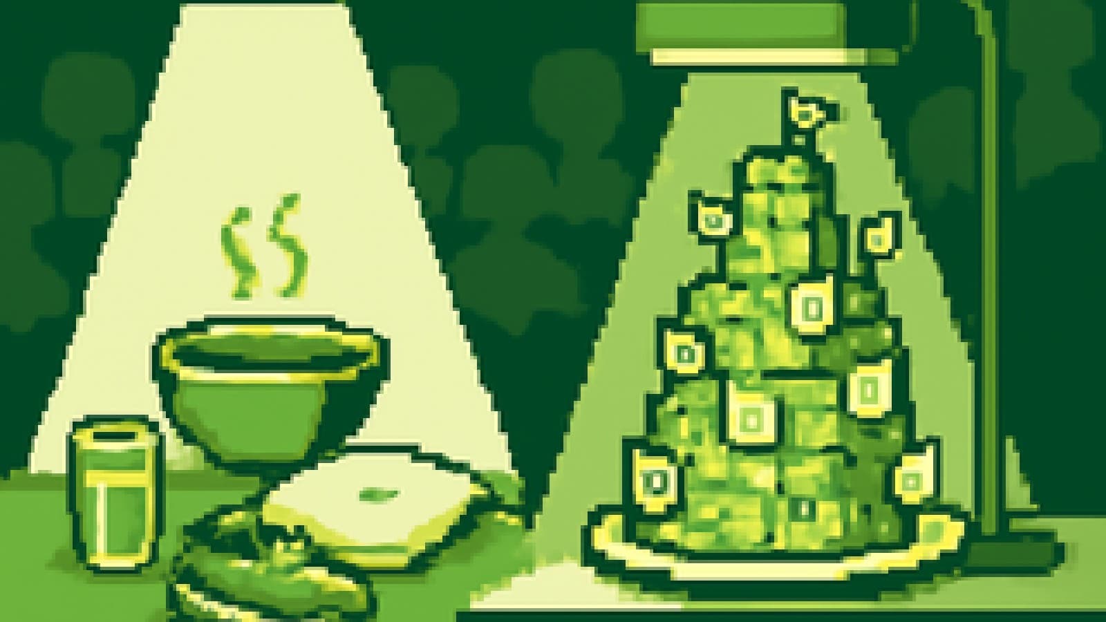 Pixel-art scene of a simple soup bowl with a pillow and sneakers beating an elaborate checklist-covered dessert tower on a cooking show stage.