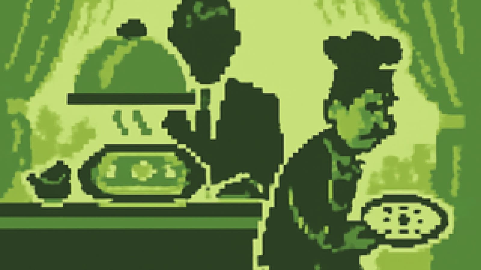 Pixel-art cook-off where a football-pitch dish wins under a silver cloche while a crosshair plate is sent back.