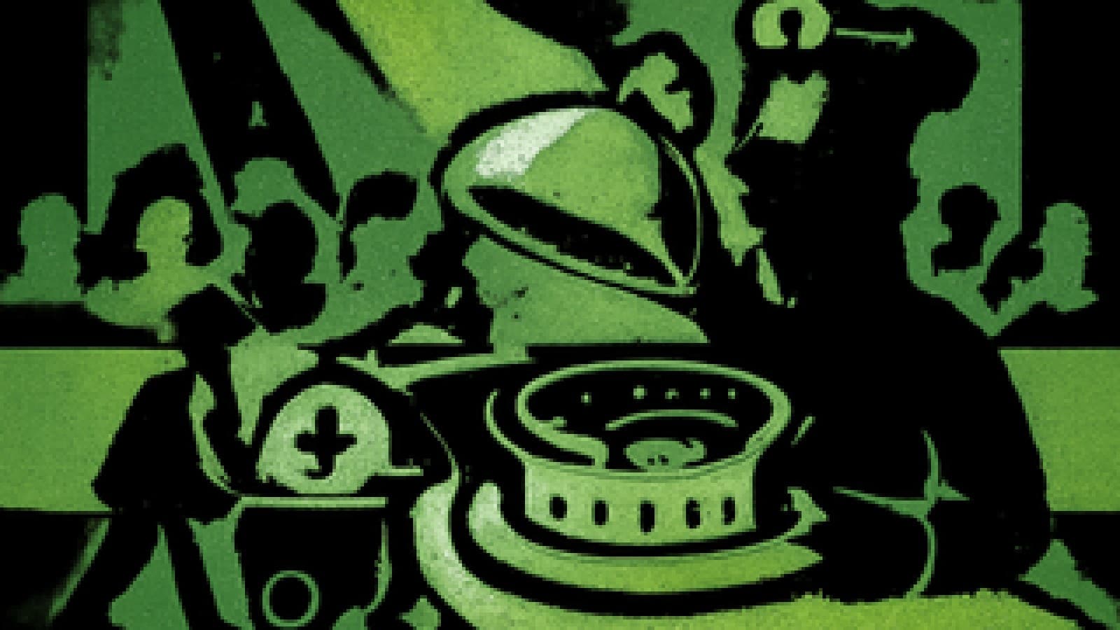 Pixel-art cook-off stage with a stadium-shaped dish crowned under a lifted cloche as a crosshair dish is wheeled off.