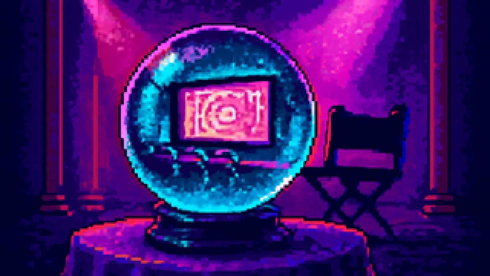 Pixel-art crystal ball containing a small cinema with a pixelated screen, next to an empty director's chair.