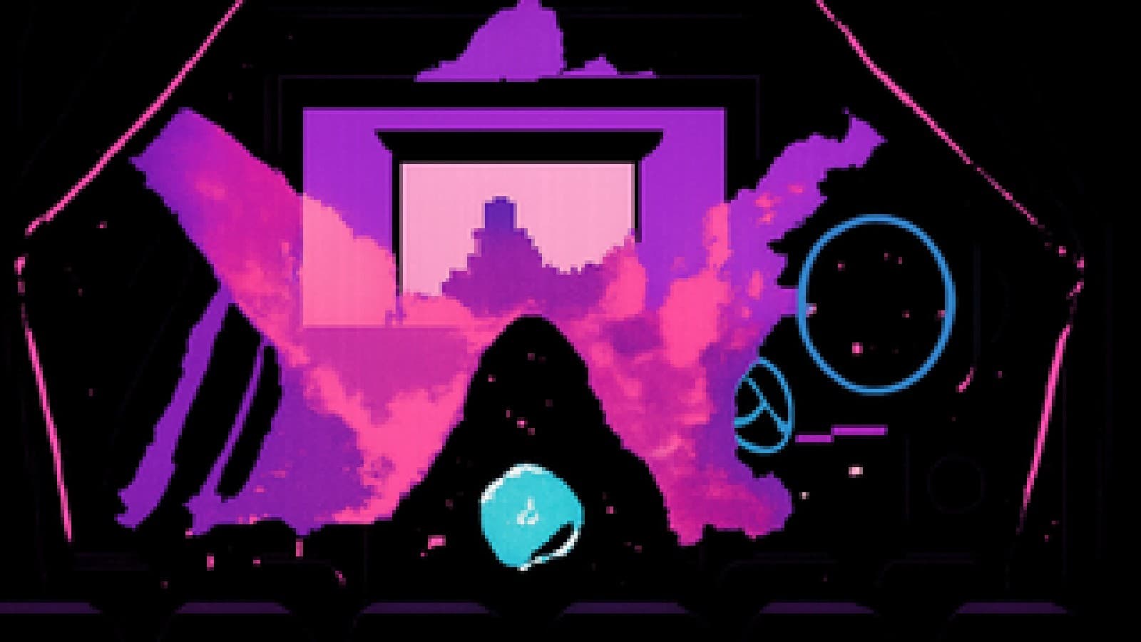 Pixel-art crystal ball projecting a glowing film onto a screen above empty cinema seats inside a fortune teller's tent.
