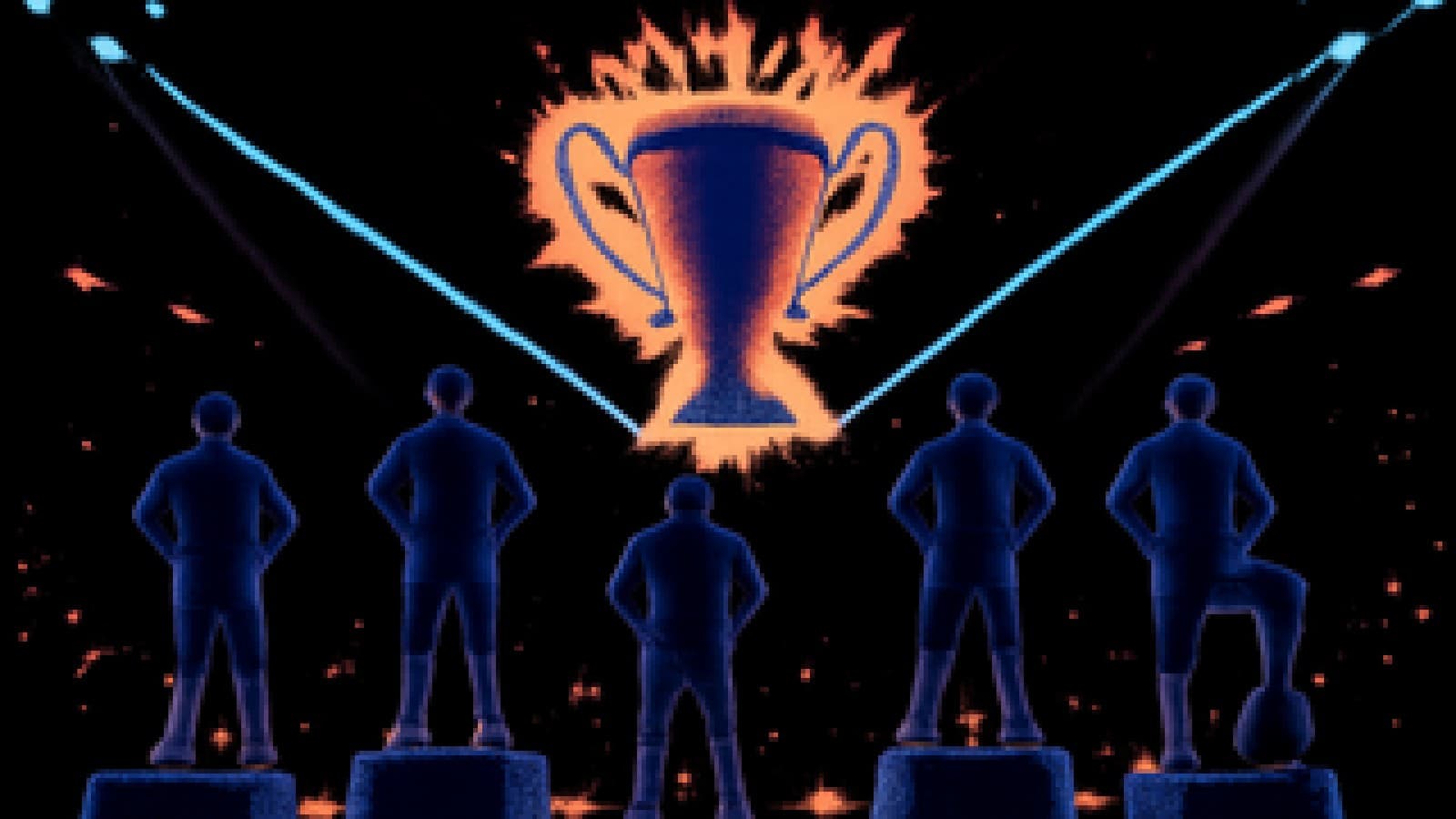 Five silhouetted footballers on glowing podiums beneath a floating golden trophy in a neon arena