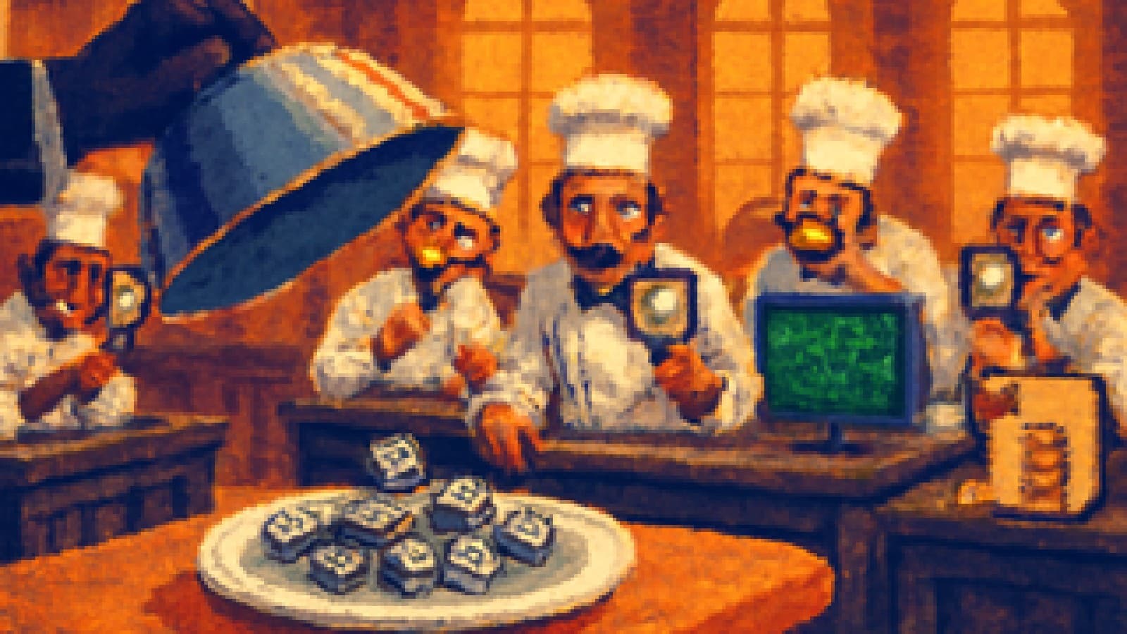 Pixel-art chefs staring at a plate of keyboard keys under a lifted silver cloche