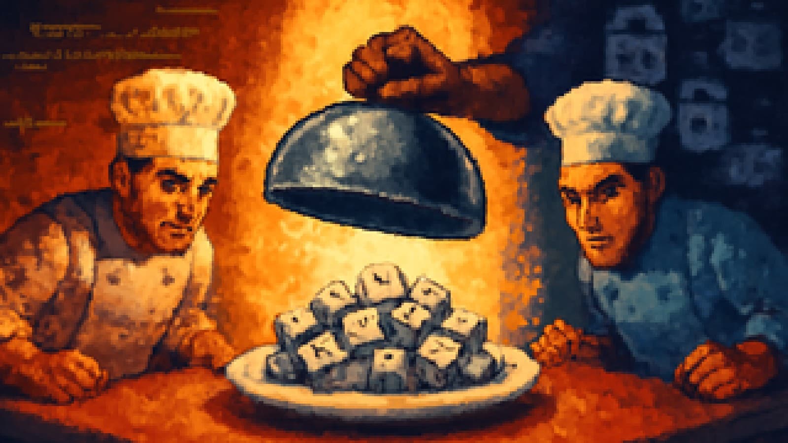 Pixel-art cooking competition with a plate of keyboard keys revealed under a silver cloche as rival chefs look on