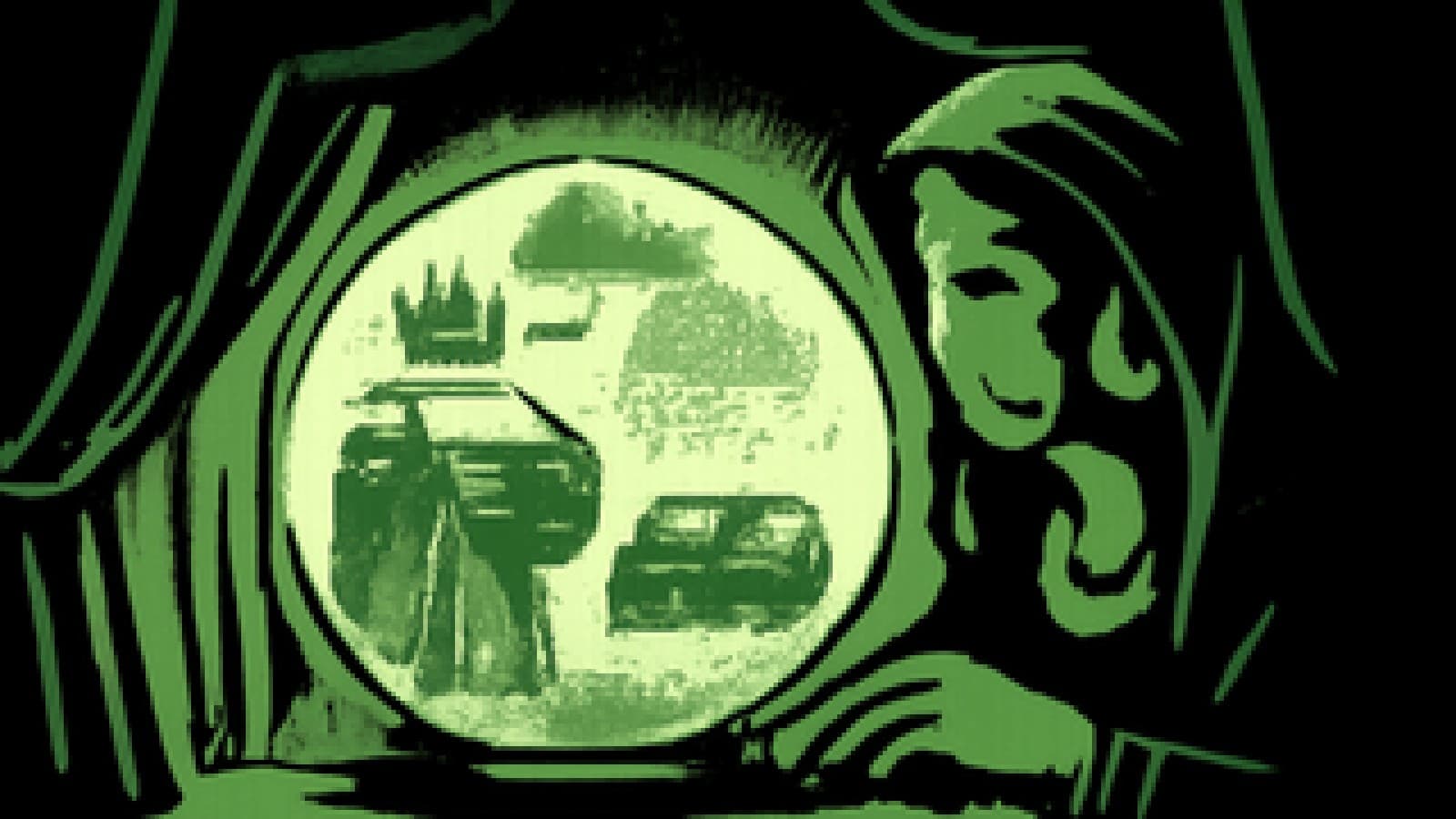 Pixel-art crystal ball showing a crowned car, a smaller sad car and a shrug-shaped cloud