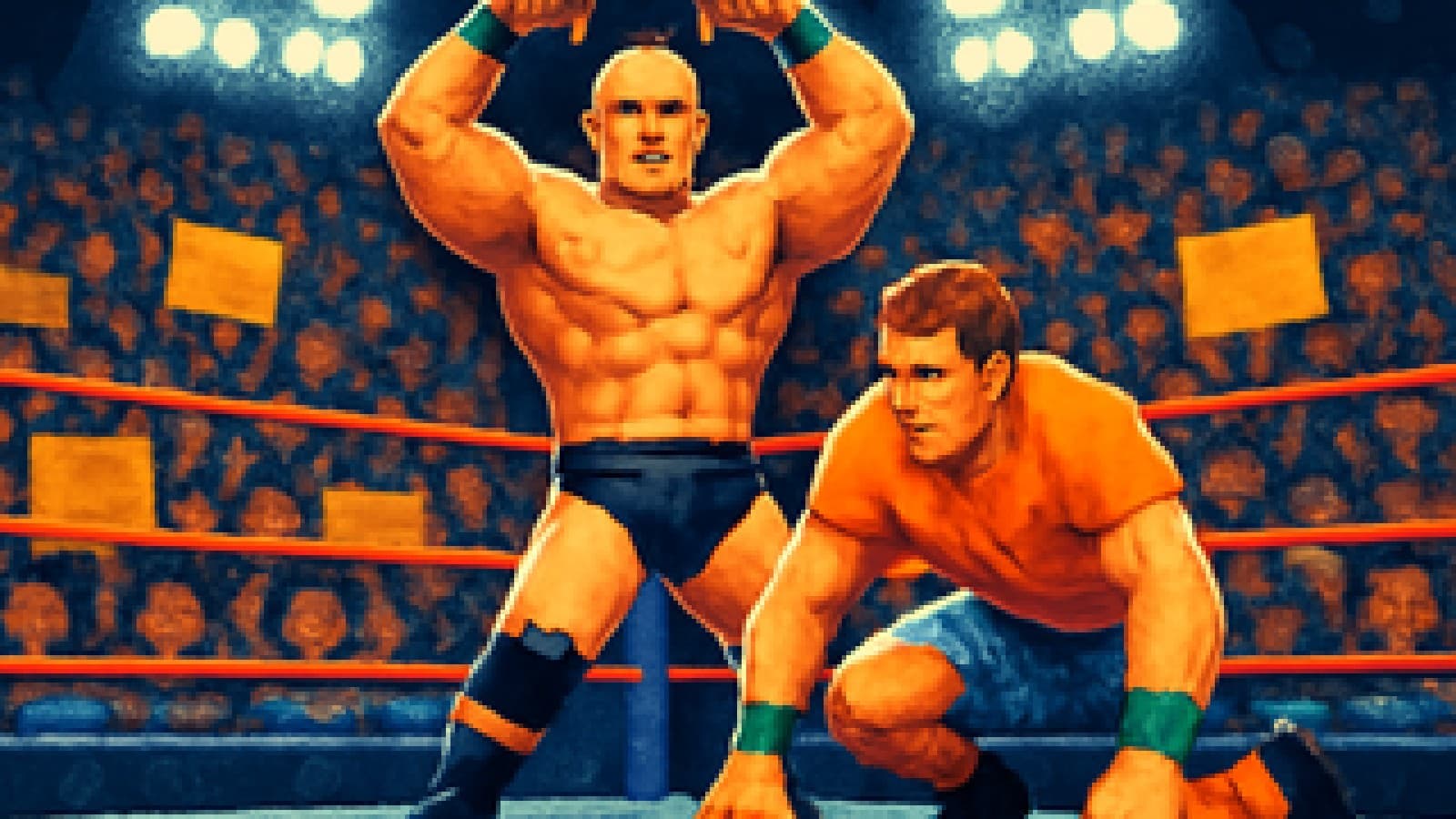 Pixel-art wrestling ring with a flexing bald brawler and a second wrestler getting up from the mat in front of a cheering crowd