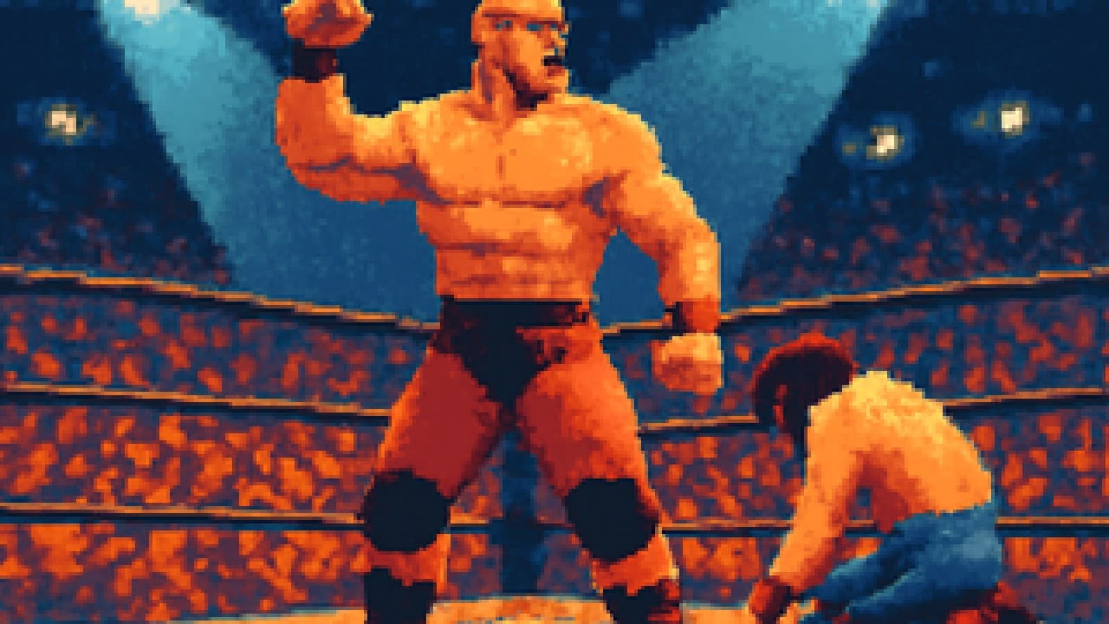 Pixel-art wrestling ring where a bald brawler raises his arm in victory as his rival kneels under the arena lights