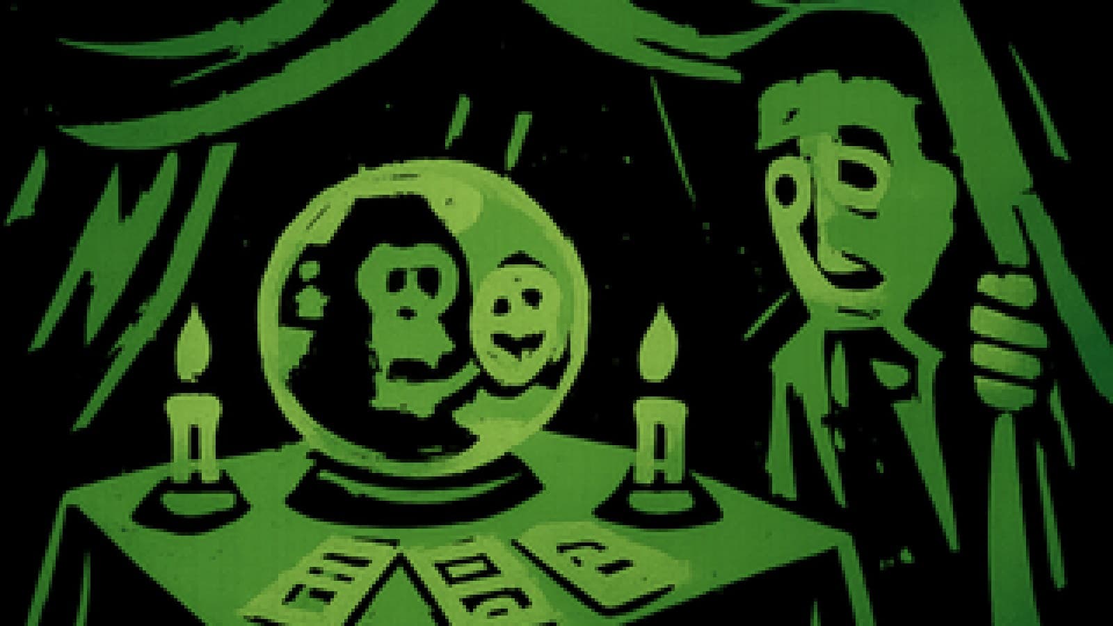 Pixel-art fortune teller's tent with a crystal ball showing a cartoon ape and a dog-faced coin while a nervous newcomer peeks in.