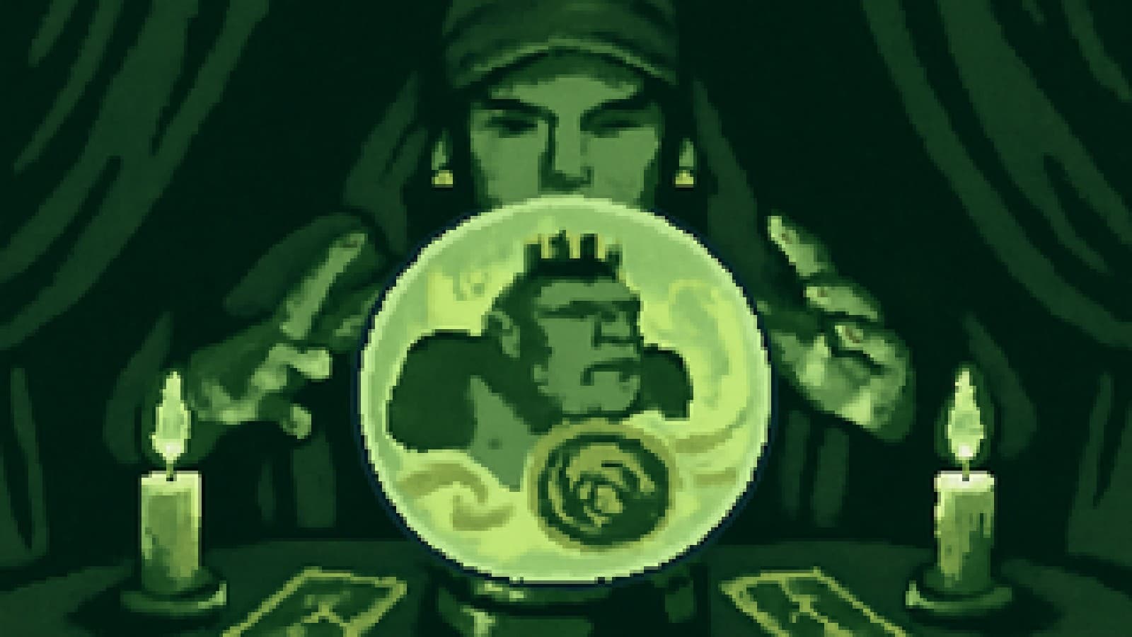 Crystal ball showing a crowned cartoon ape above a dog-faced coin fading into mist, surrounded by tarot cards and candles.