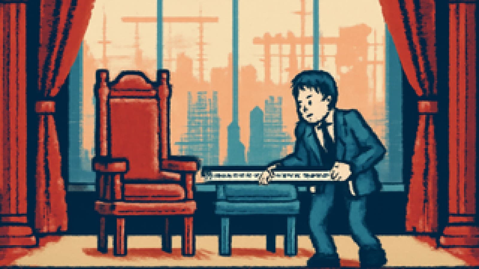 Pixel-art bureaucrat measuring the distance between two empty presidential chairs in a grand hall, with a half-built city outside the window.