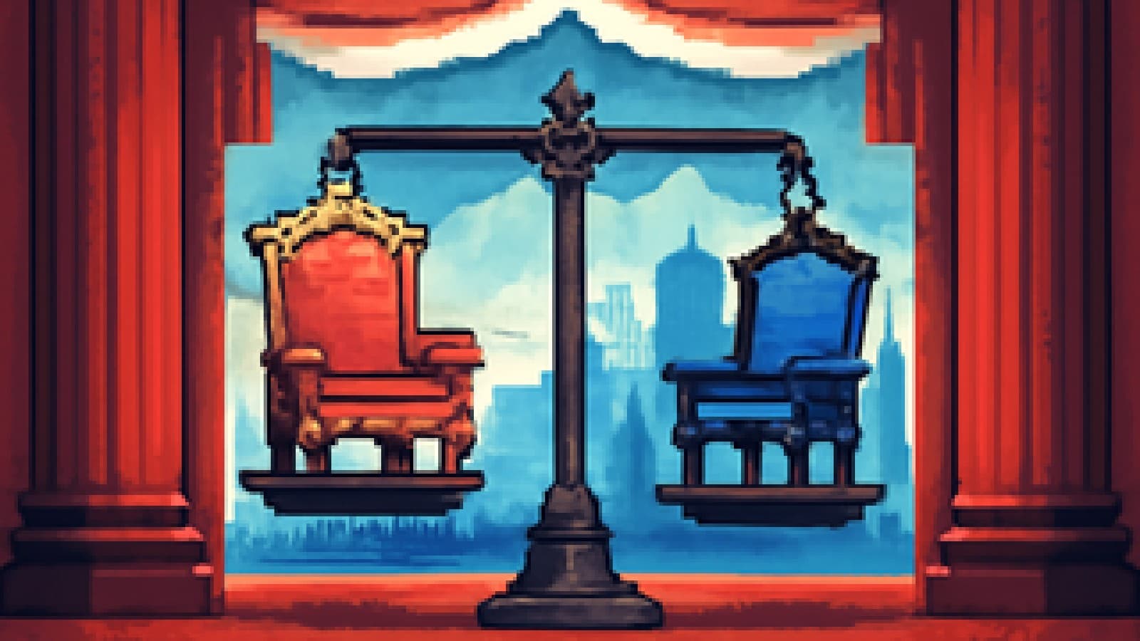 Pixel-art balance scale holding two presidential chairs, tipping toward one, with an unfinished city skyline behind.