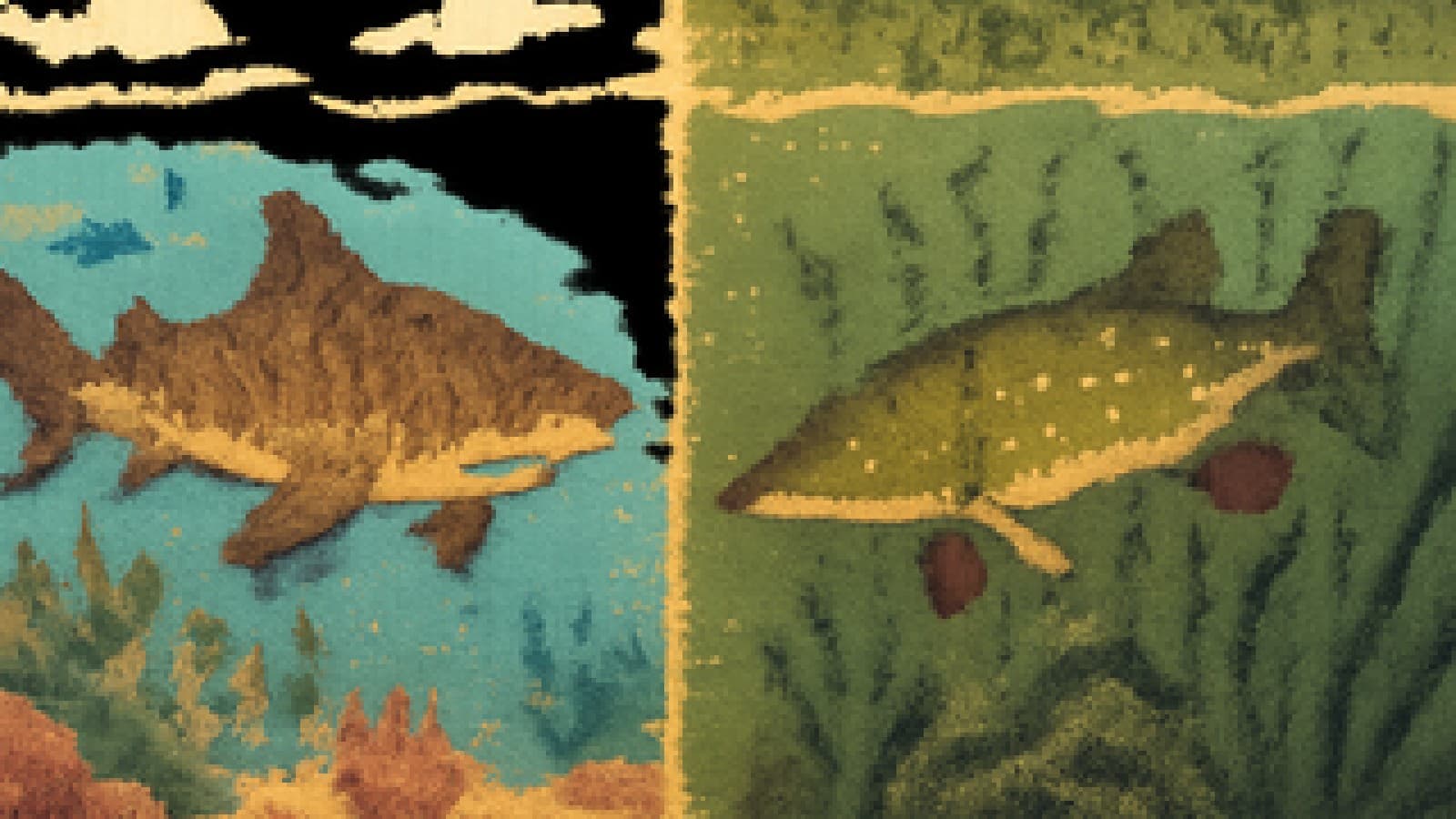 Pixel art of a tiger shark in the open sea facing a northern pike hiding in lake reeds