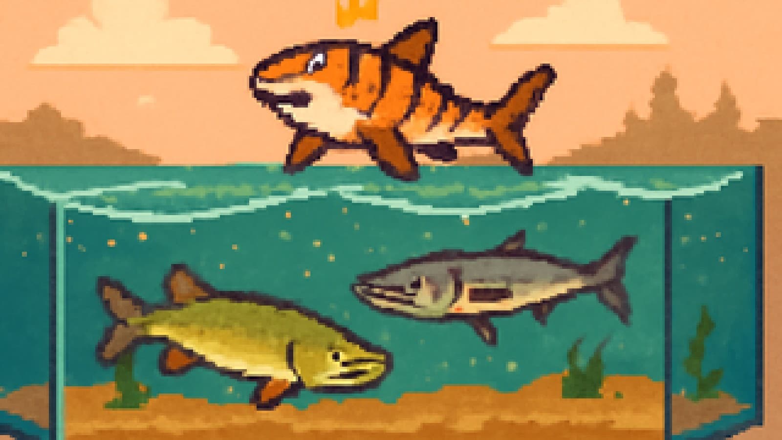 Pixel art of a crowned tiger shark swimming above a northern pike and a barracuda in a split ocean-and-lake aquarium