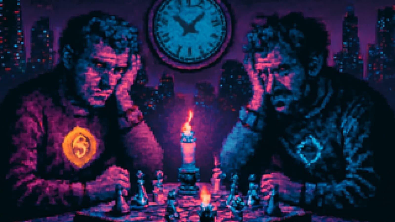 Two tired pixel-art chess players stare at a frozen board as cobwebs gather and a clock ticks on.