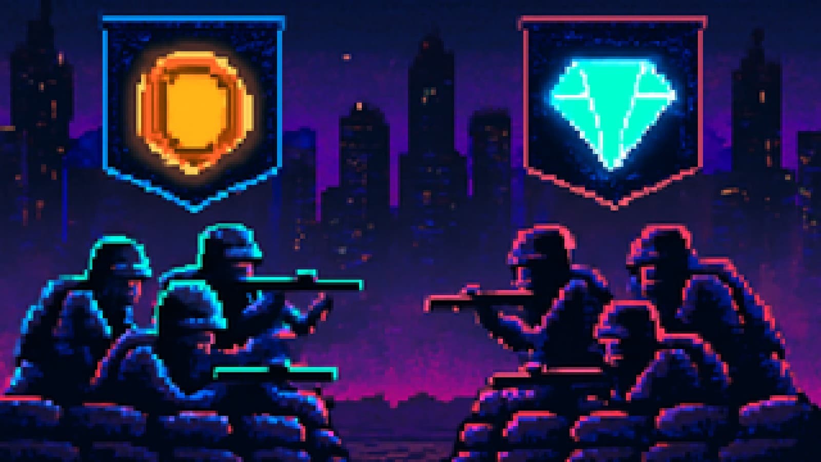 Pixel-art trench standoff between a gold coin army and a silver diamond army, neither side moving.