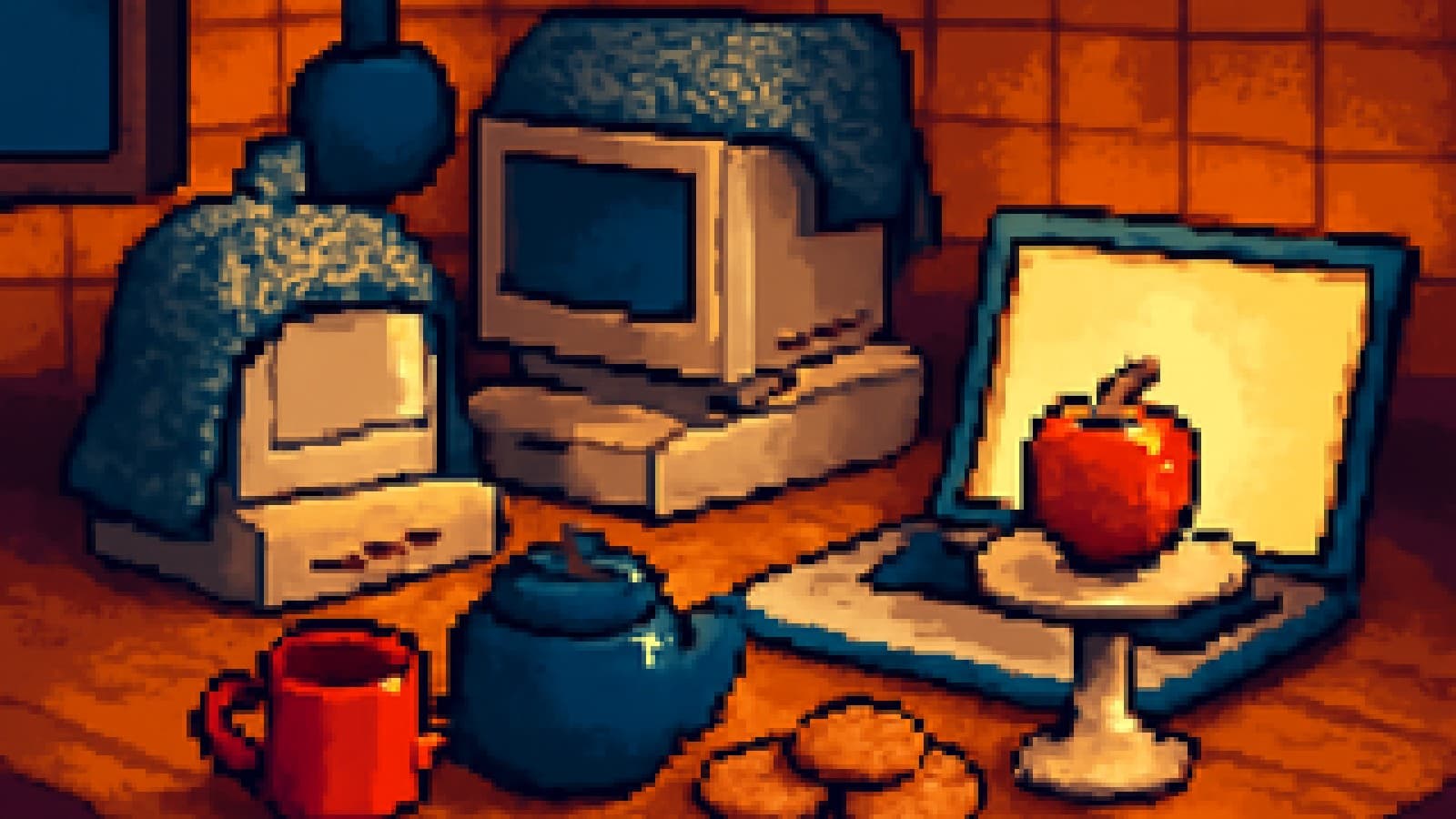 Pixel-art kitchen table with a silver laptop on a cake stand beside a grey office computer wearing a tea cosy.