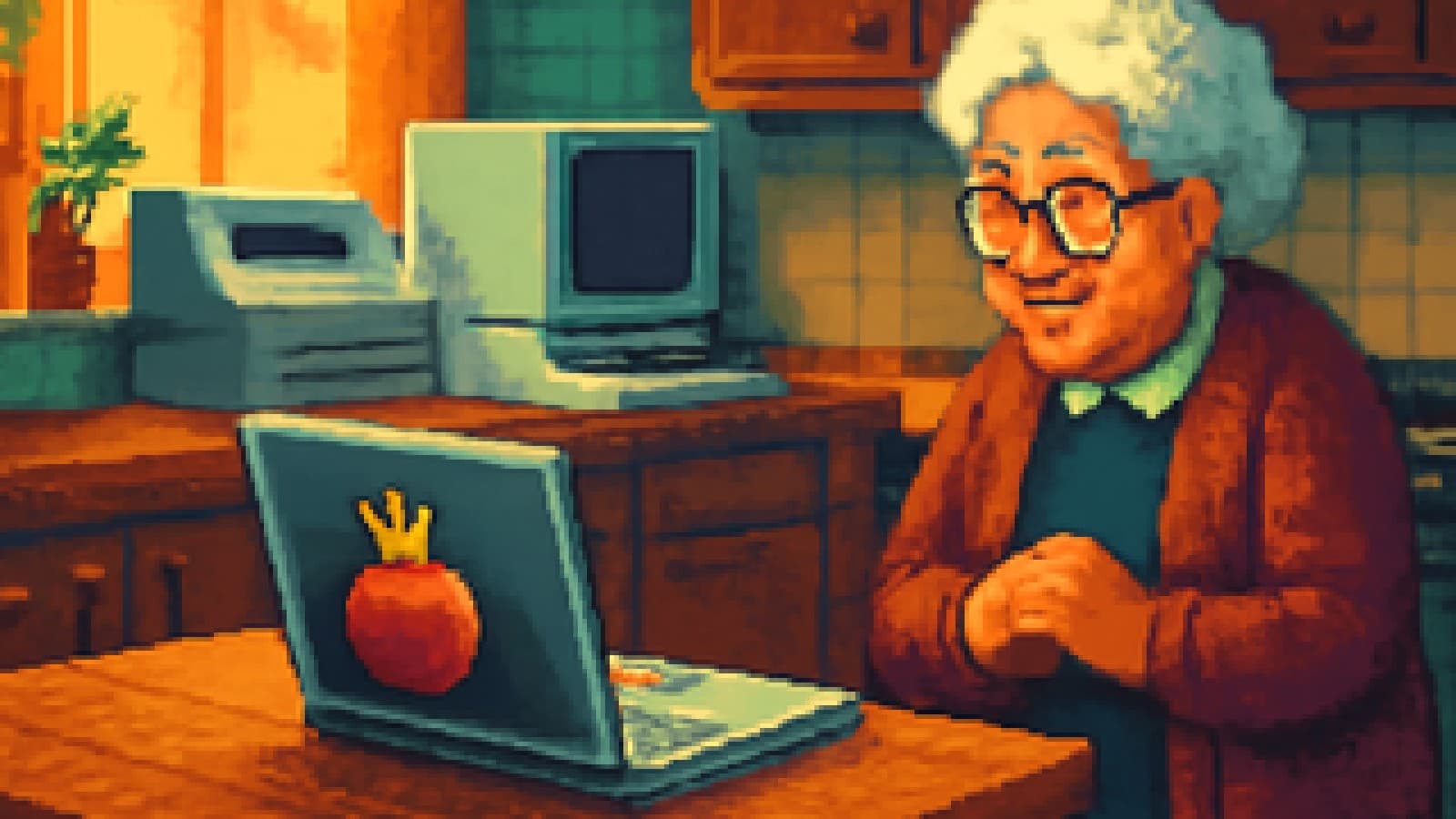 Pixel-art kitchen with a crowned silver laptop on the table and a grey office computer and printer on the counter.