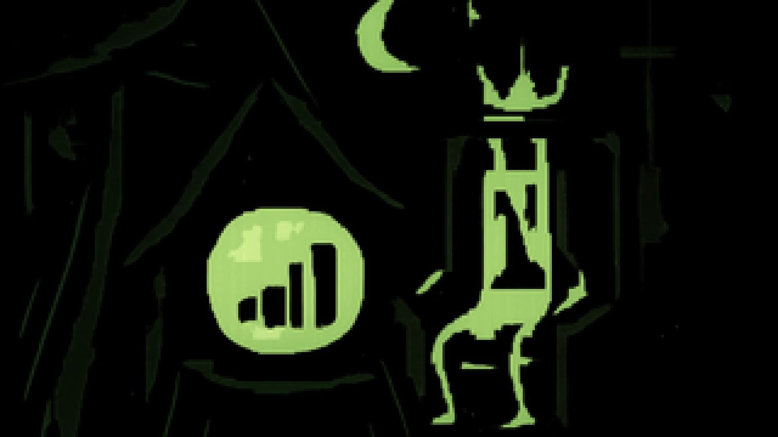 Pixel-art crystal ball glowing with signal bars beside a crowned cell tower on a throne and a sulking futuristic tower in mist