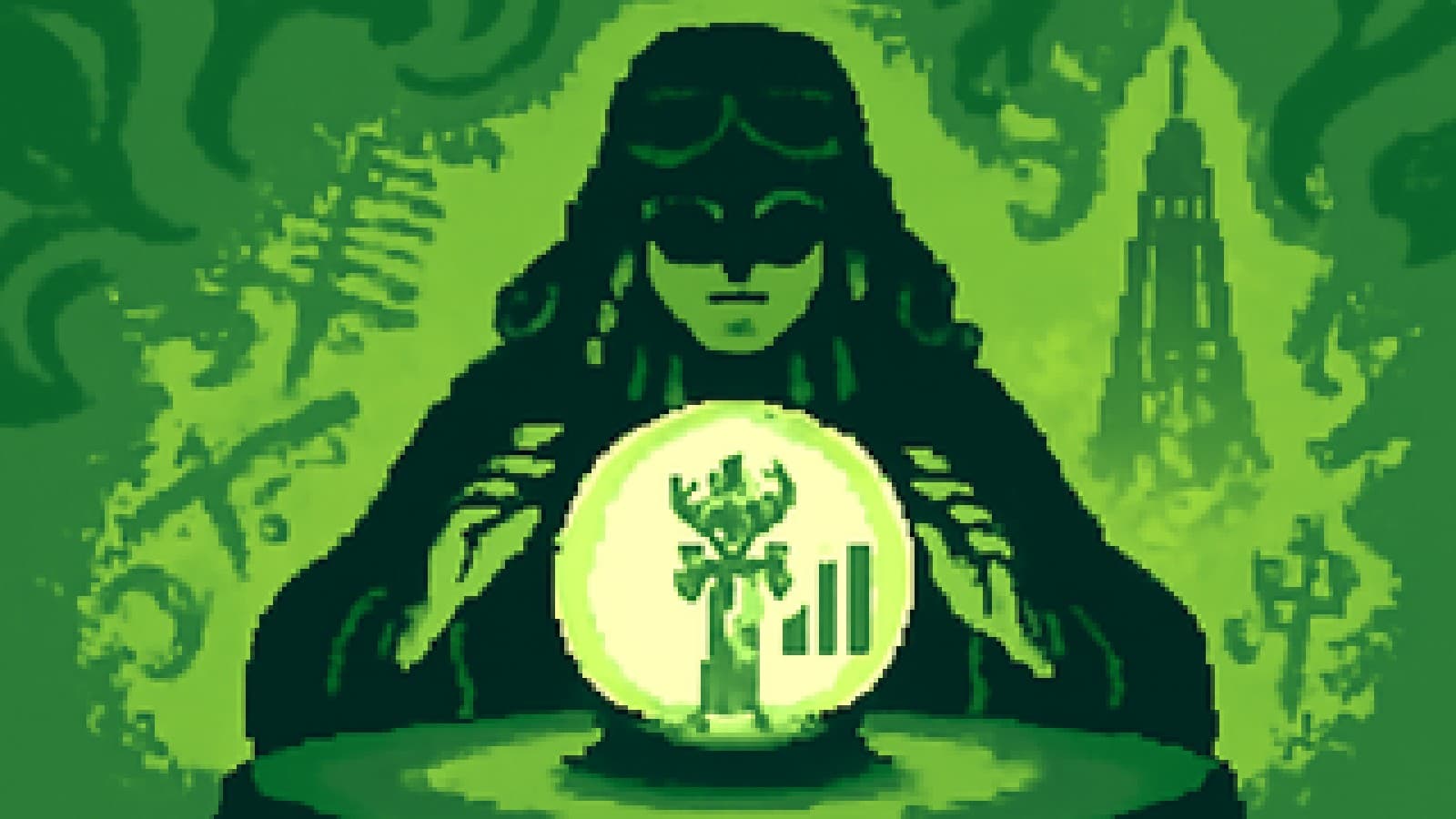 Pixel-art crystal ball showing a crowned cell tower with full bars, while a futuristic tower and ghostly old antennas fade into purple mist