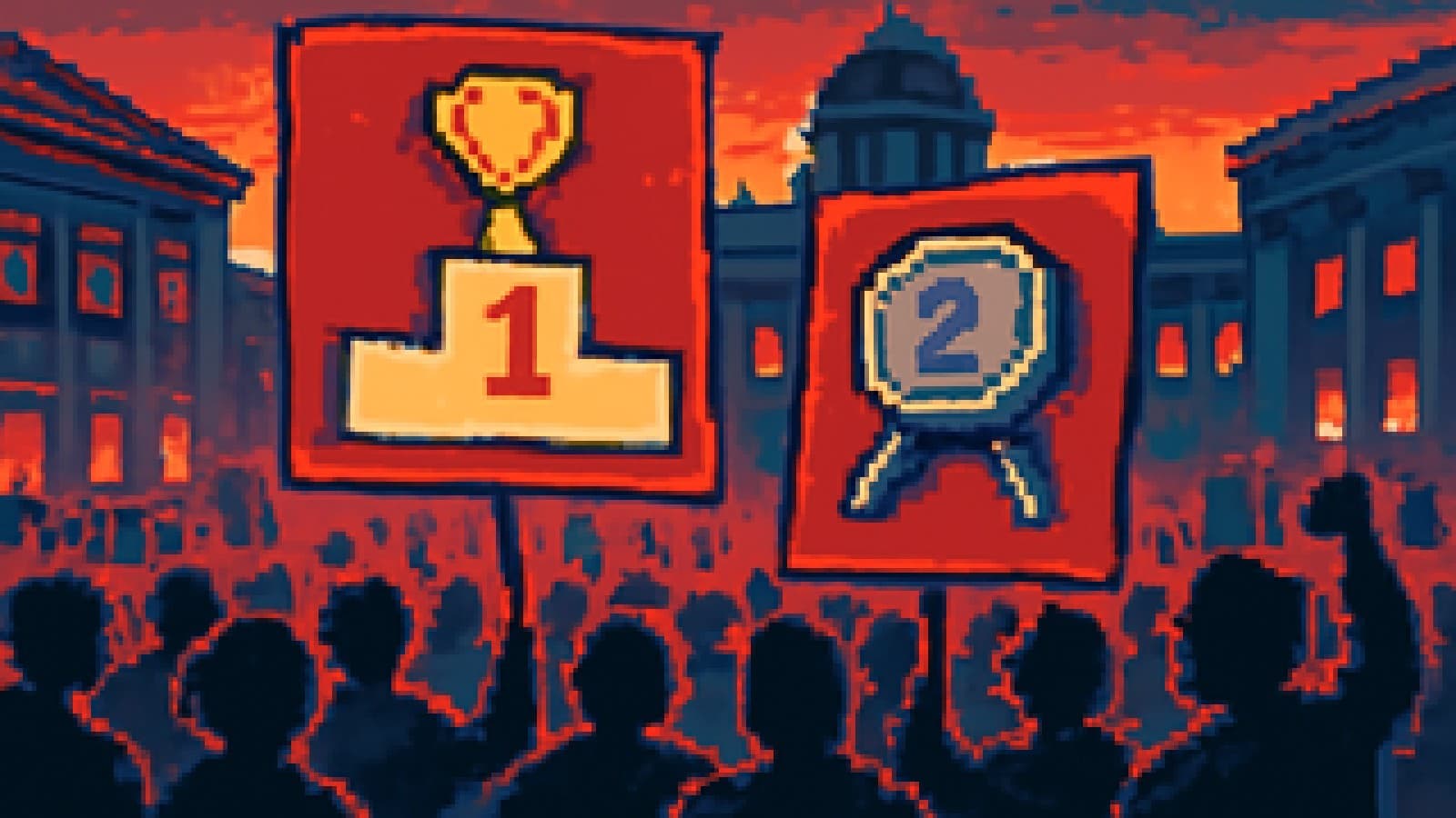 Pixel-art crowd in a square with a medal podium where an oversized silver medal wobbles next to a small gold one