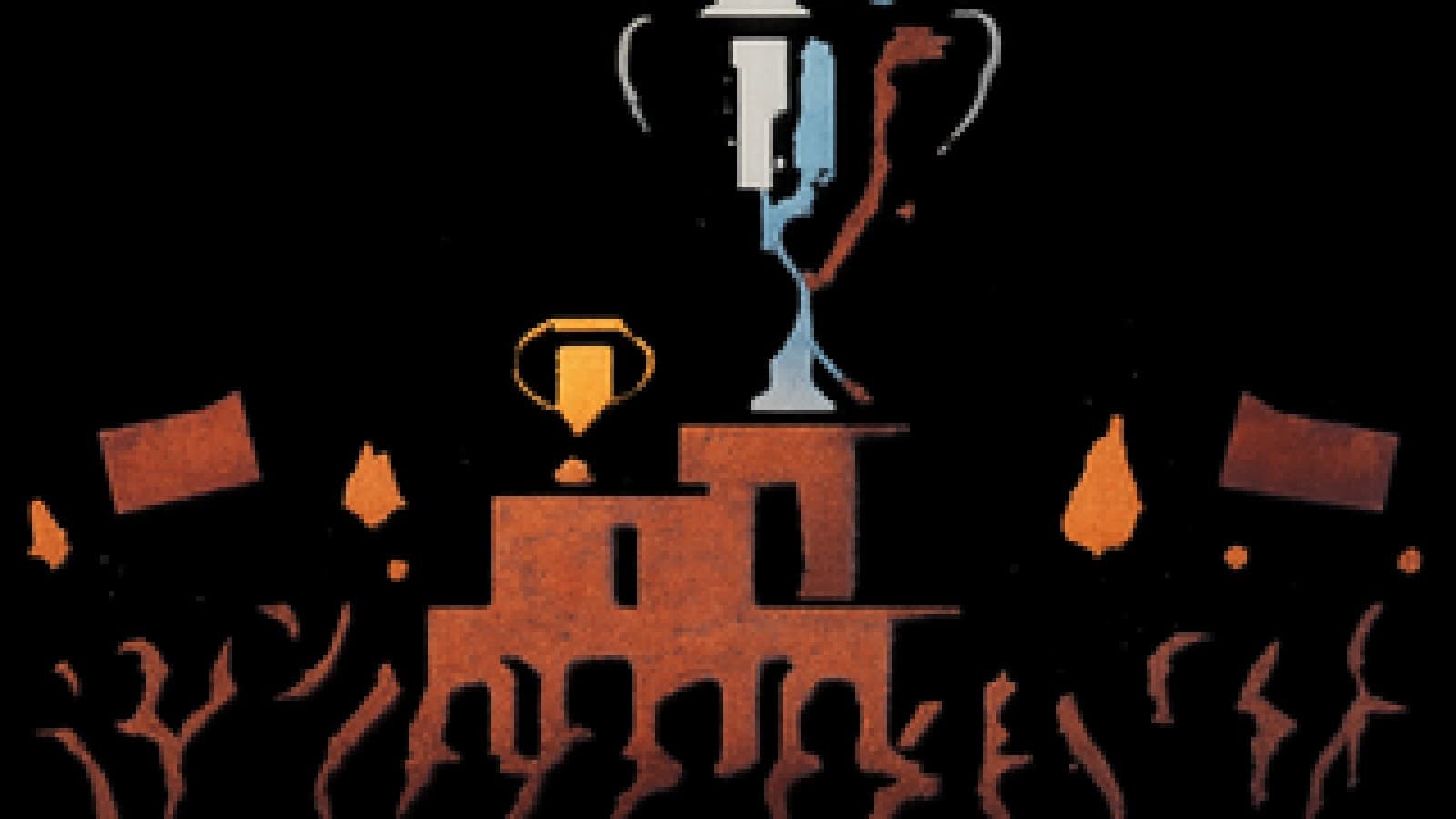 Pixel-art podium with a small gold trophy and an oversized silver trophy, ringed by a crowd raising torches