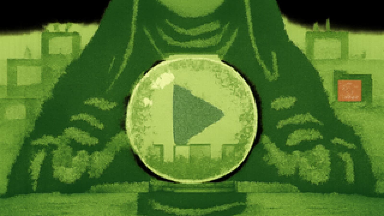 Pixel-art crystal ball showing a rising blue play button above misty televisions, with one red screen left dark