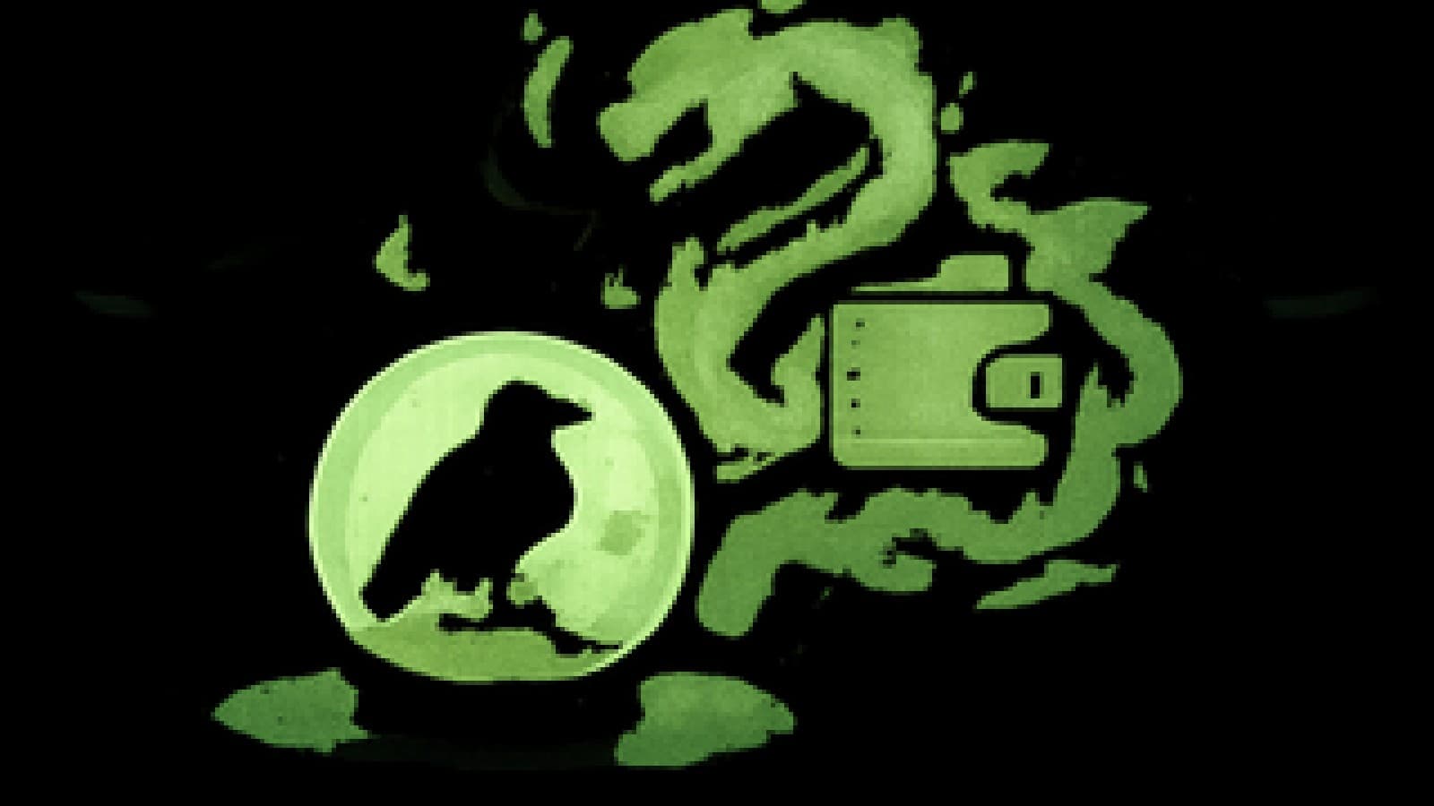 Pixel-art crystal ball showing an eagle on a coin pile and a dragon wrapped around a digital wallet