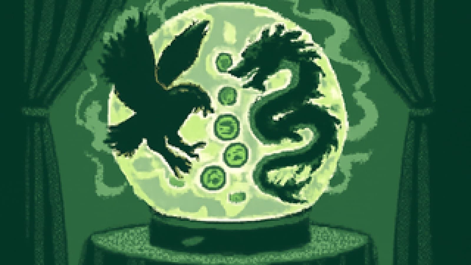 Crystal ball showing an eagle and a dragon circling glowing digital coins in mystical smoke