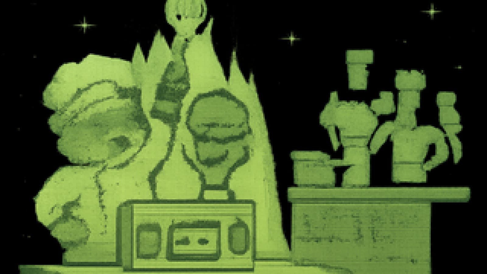 Pixel-art space kitchen where a raccoon chef and a tree sous-chef hold up a golden spatula as caped heroes watch.
