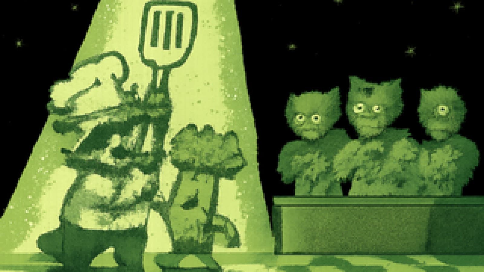 Pixel-art space kitchen where a raccoon chef and a tree hold up a golden spatula while caped heroes in aprons look on.