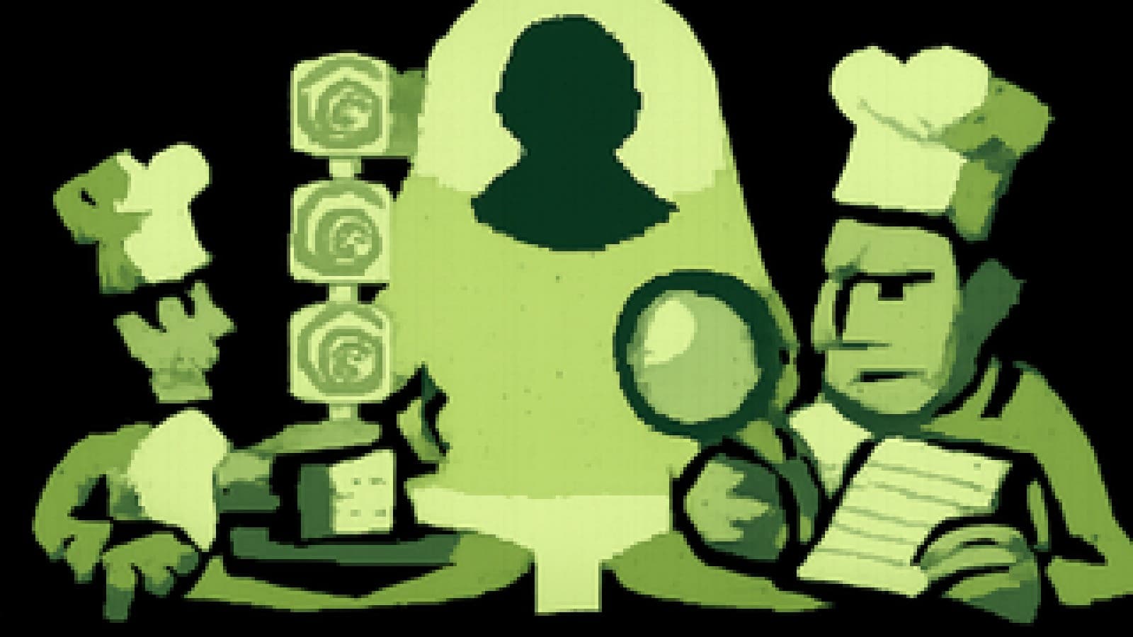 Pixel-art cook-off with a chain of transparent blocks full of coins on one side and a chef inspecting a ledger with a magnifying glass on the other.