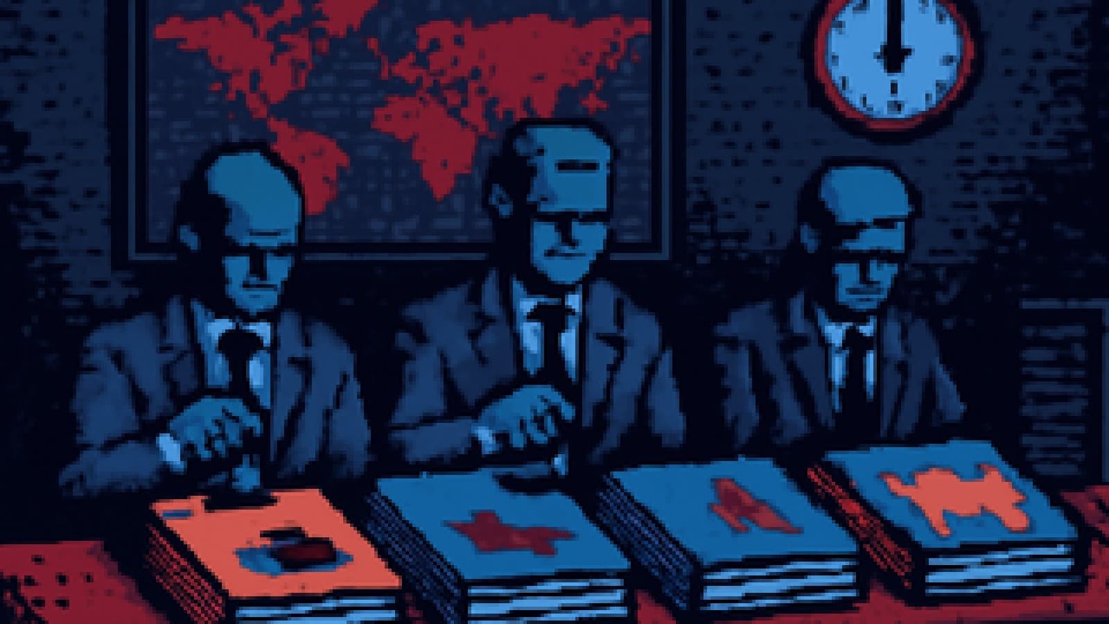 Pixel-art bureaucrats stamping four folders marked with war and economy icons under a clock near midnight