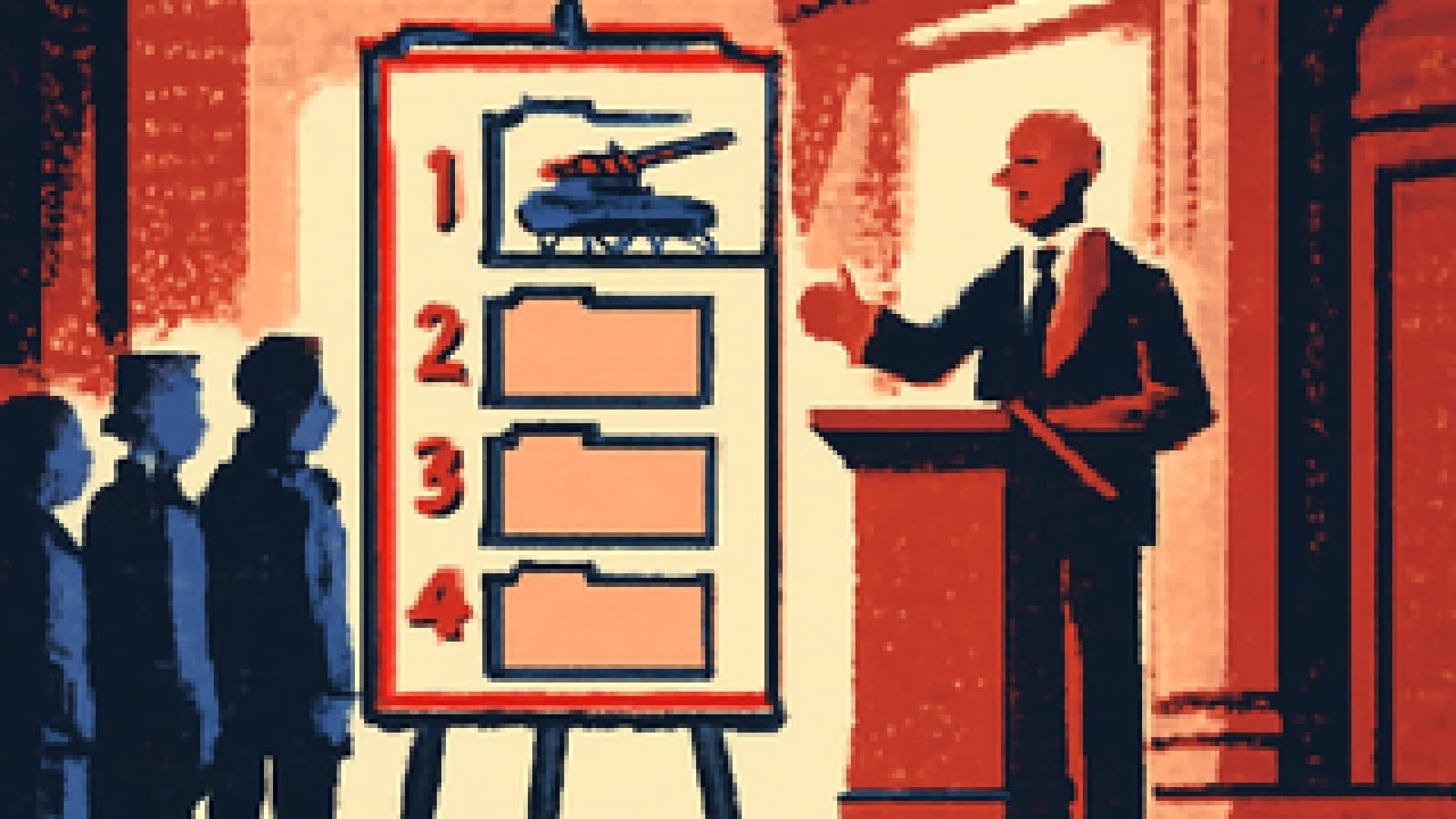 Pixel-art bureaucrat unveiling a ranked board of four World War III scenario folders to a queuing crowd