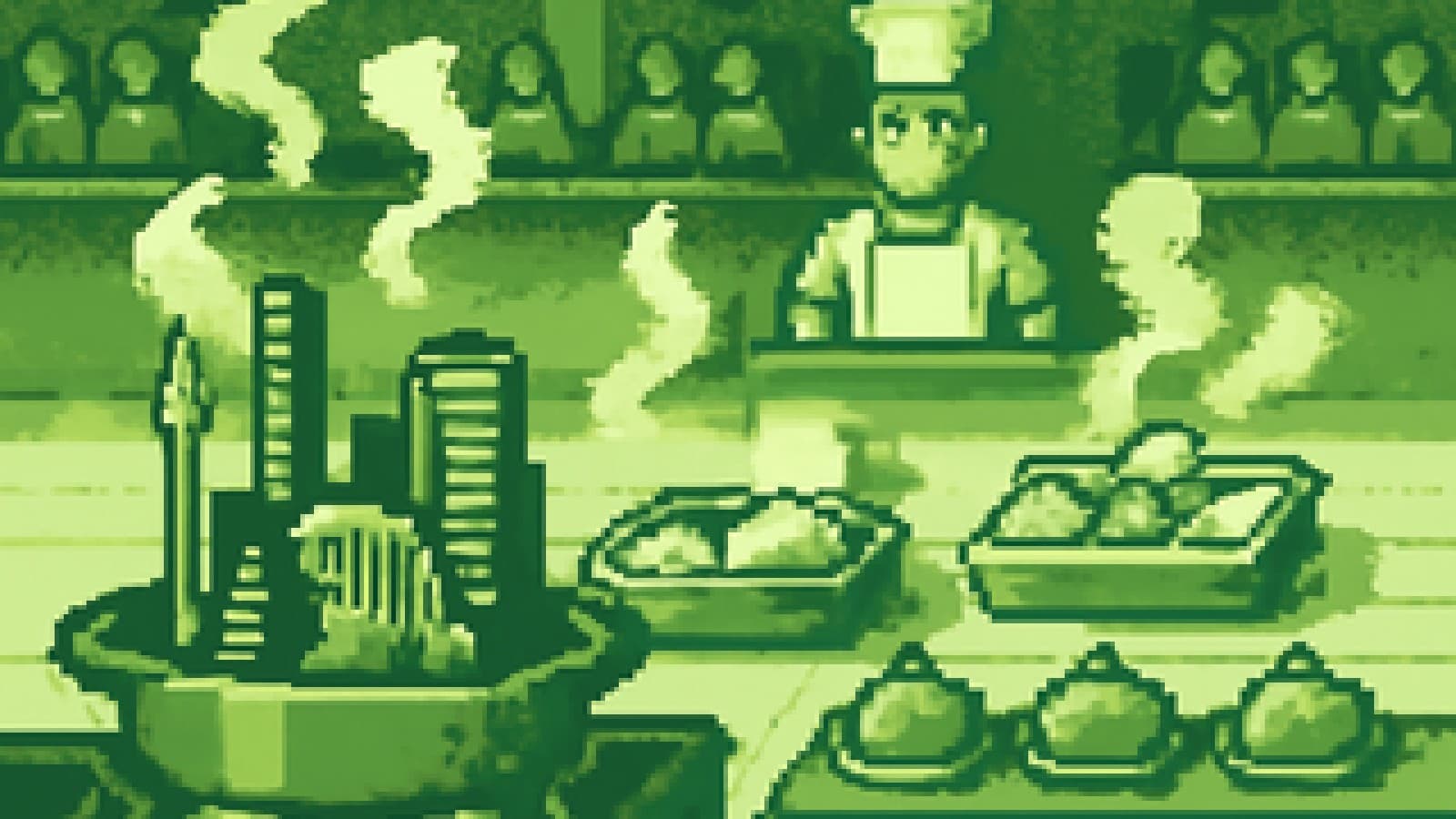 Pixel-art cook-off with a Singapore-themed dish leading at the stove and a Japanese bento close behind